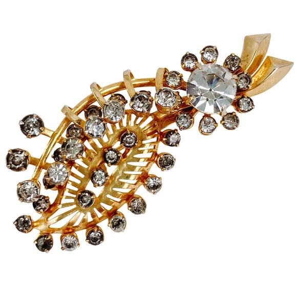 VTG 1950s Brooch Rhinestone Spray Leaf Mid Century Gold Tone Pin Jewelry Sparkly - Picture 1 of 11